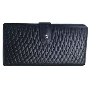 BALLY 80s Vintage Quilted Lambskin Logo Wallet Clutch Black Fold Zipper Bag Gold